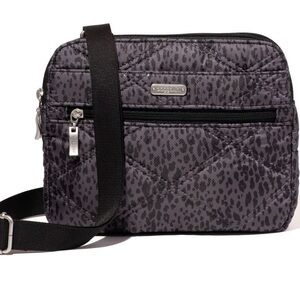 Baggallini Quilted Double Zip Anytime Crossbody bag black / grey leopard print